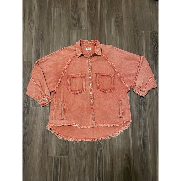 Anthropologie POL Jacket Women’s M Peach Oversized Denim Distressed 3/4 Length - Picture 1 of 10